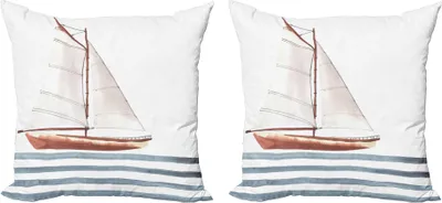 Immagine prodotto di ABAKUHAUS Set di copricuscini nautici (2 pezzi), Vela da sogno con barca in un'onda, stile di vita acquerellato, 60 x 60 cm, blu pallido cannella