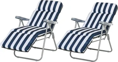 Produktbild von 2 x Klappstühle Gartenstuhl Sonnenliege Armlehne klappbar 5 Positionen Auflage Blau 60 x 75 x 102 cm
