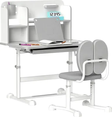 Image de Bureau enfant avec chaise - Ensemble de 3 ans et plus - Hauteur réglable - Plateau inclinable - Tiroir et étagères - Dossier rembourré - 80×55×107,5 cm - Gris clair