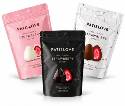 Produktbild von Patislove Probierset Erdbeer-Dragees, weiß, Vollmilch & Zartbitter, 240 g