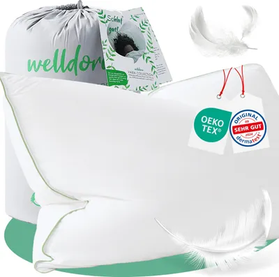 Produktbild von Welldora Premium Kopfkissen 40x80 - 100% natürliche Daunenfasern & Federn - Ergonomisch optimiert 3 Kammern Nackenstützkissen - Mittelfestes Kissen