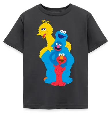 Produktbild von Spreadshirt Sesamstraße Elmo Grobi Krümelmonster Bibo Kinder T-Shirt, 98/104 (3-4 Jahre), Dunkelgrau