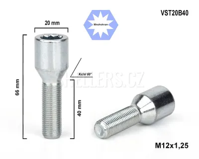 Obrázek produktu pro Kolový šroub M12x1,25x40 kužel s vnitřním mnohohranem, VST20B40, průměr hlavy 20mm, výška 66 mm