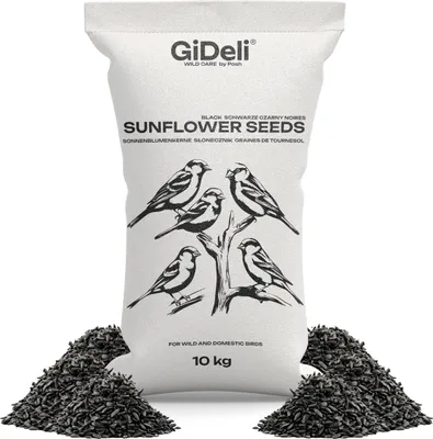 A bag of sunflower seeds for birds, with a drawing of birds on it, and some seeds spilled on the ground.