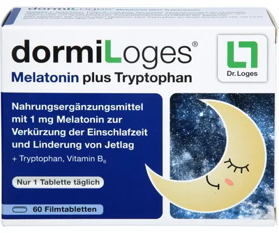Produktbild von DormiLoges 1 mg Melatonin plus Tryptophan Filmtabletten zur Verkürzung der Einschlafzeit, 60 St. Tabletten