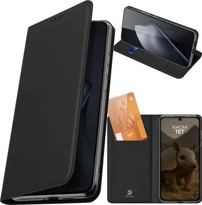 A collage of images showing a black flip phone case for a Xiaomi 15T, with a credit card inserted and a phone displaying an armadillo.