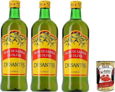 Produktbild von Desantis Olio di Sansa di Oliva, Pomace Olivenöl ideal zum Kochen, 3x 1lt + Italian Gourmet polpa 400g
