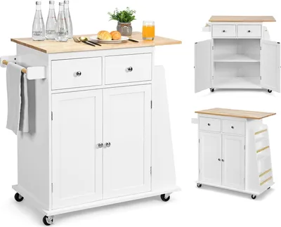 Obrázok produktu pre KOMFOTTEU kuchynský vozík s pracovnou doskou 80x45 cm, kuchynský ostrovček na kolieskach, kuchynská skrinka so zásuvkami na korenie, kuchynský vozík z masívu do kuchyne s jedálňou (biely)