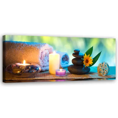 Produktbild von Leinwandbild Zen-Kerzen Spa-Handtuch 90x30 Feeby Blau bild für die wand bereit zum aufhängen