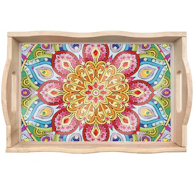 Produktbild von Diamond Painting Tablett – Mandala │ Holztablett 35×24,5 cm  |  Naturholz | DIY Bastelset | Kreativgeschenk für Erwachsene