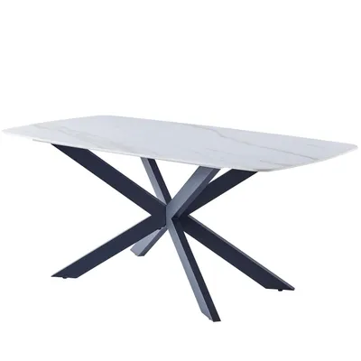 A white marble dining table with a dark metal base against a white background.