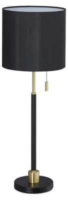 Produktbild von Relaxdays Tischlampe mit Zugschalter, elegante Nachttischlampe mit Stoffschirm, E27 Fassung, HD 69 x 24 cm, schwarz-gold