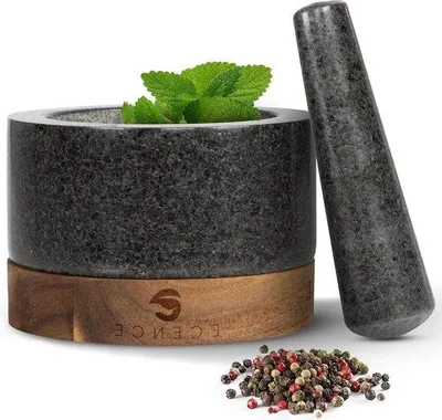 Produktbild von Famanu Mörser und Stößel - Hochwertiges Set aus Granit und Akazienholz - Ø 15 cm
