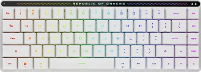 A white mechanical keyboard with RGB lighting.