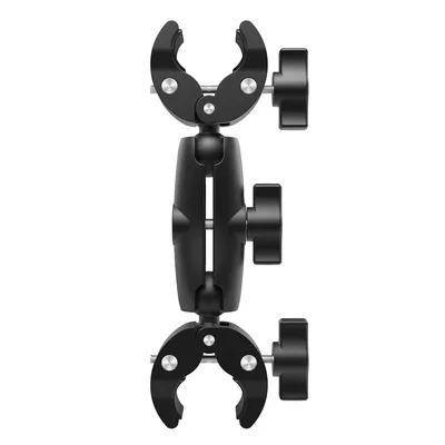 A black camera clamp mount with adjustable arms and knobs, shown against a white background.