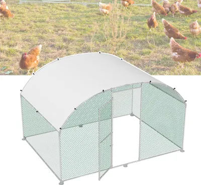 Image de TRMLBE Poulailler 3x2 m Poules Enclos arc toit Acier tubulaire galvanisé Poulailler avec protection solaire Toit PE & porte & serrure Enclos petits animaux Cage pour lapins Poules