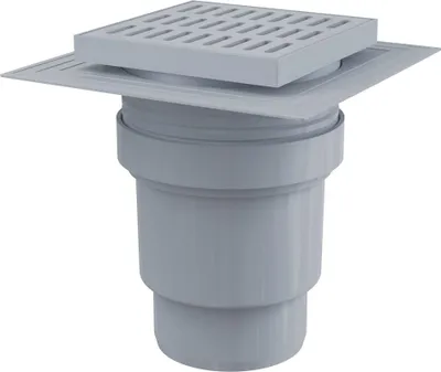Zdjęcie produktu dla AlcaDrain Bodenablauf 150×150/110 mm mit einem senkrechten Abgang, Rost Grau, Manschette-2. Abdichtung, Geruchsverschluss mit Sperrwasser