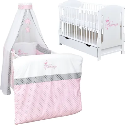 Produktbild von Baby-Delux Babybett Kinderbett Gitterbett Lia Princess weiß inkl. Schublade 120x60 mit 10-tlg Bettwäsche Set Princess Stars