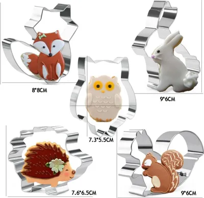 Image de set de 5 emporte-pièces animaux en acier inoxydable - lapin, hibou, renard, écureuil, hérisson
