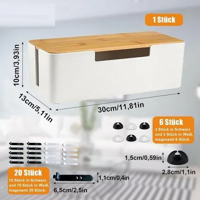 Produktbild von Famanu Kabelbox - Organizer mit Holzdeckel - 30 x 13 x 10 cm - Kabelmanagementbox - Weiß