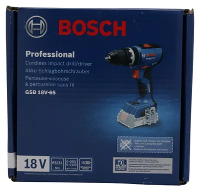 Obrázok produktu pre Bosch GSB 18V-65 Professional, Rázový skrutkovač, Rukoväť, Rýchloupínacie skľučovadlo, Modrá, Nemecko, 27000 ot/min