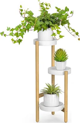 Produktbild von Blumenständer, Holz 3 Ebenen Pflanzenregal rund, 71cm Höhe, 18 cm breite PP-Schale, Blumenhocker für den Garten, Wohnzimmer, Schlafzimmer, Terrasse