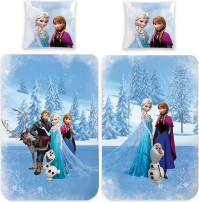 A collage of Frozen themed bedding and pillowcases featuring Elsa, Anna, Kristoff, Sven, and Olaf in a snowy forest setting.