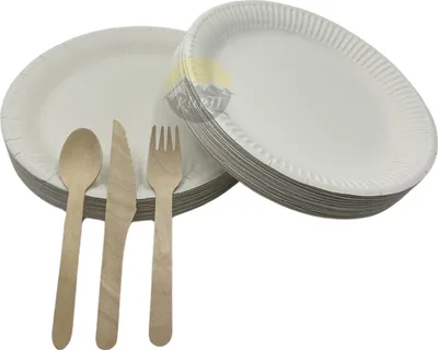 Produktbild von KURTT - Besteckset Holz 100x Messer 100x Löffel 100x Gabel + Pappteller 100 x - Einwegteller - Geschirrsets - Bestecksets, Tellerset - ideal für Party