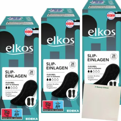 Produktbild von Elkos Slipeinlagen Flex 2in1 schwarz 3er Pack (3x28 Stück) + usy Block