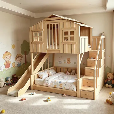 Produktbild von Hausbett Hochbett Spielbett Etagenbett Kinderbett 1200x1900mm Rutschen+Stufen mit Stauraum Birkenholz farbe /SW-120/