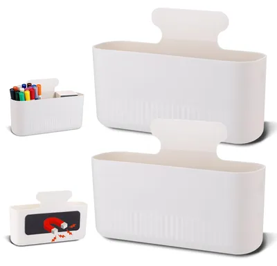Produktbild von Set aus 2 magnetischen Stifthaltern, großen magnetischen Markerhaltern, Stifthaltern für Whiteboards mit herausnehmbaren Trennwänden, magnetischer Aufbewahrungsbox für Kühlschrank, Whiteboard oder Spind.