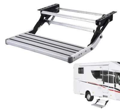 Produktbild von Klappbare Wohnmobilstufe - Einstiegstreppe für Wohnwagen, Wohnmobile und Campervans - Aluminium - Tragfähigkeit 150 kg - Silber