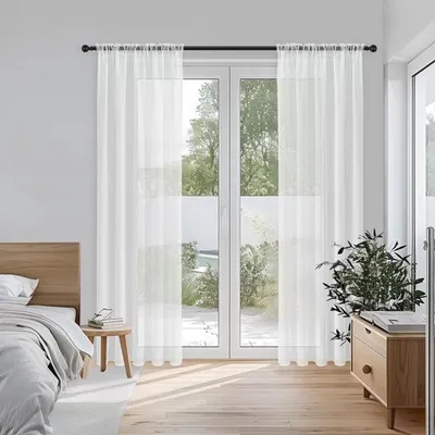 Transparente Voile Gardinen mit Zugband, Leinenoptik, 2er Set - Wohnzimmer, Schlafzimmer, Fensterdekoration