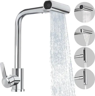 Image de Robinet de cuisine à 4 jets - Mitigeur à poignées - Acier inoxydable - Robinetterie - Chrome - Hauteur totale 361 mm