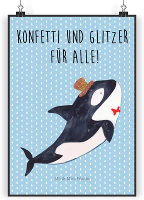 Produktbild von Mr. & Mrs. Panda Bild Orca Zylinder DIN A5 - Blau Pastell - Geschenk, wanddeko, Plakat, drucke, Meer, Geburtstag, Wandbild, Fest, Konfetti, Kunstdruck, Glitzer, Narwal
