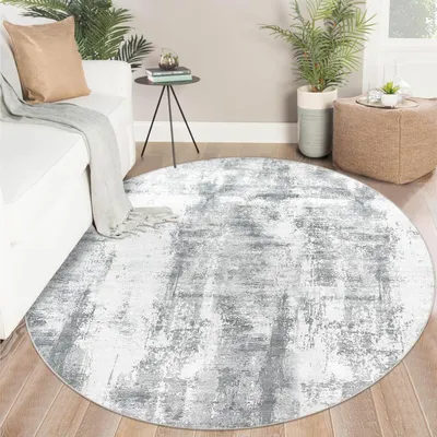 Produktbild von Runder Teppich 160 cm Grau Kurzflor Modern Abstrakt Waschbar Rutschfest