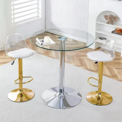 Image de Ensemble de bar modulable : table en verre de 89 cm + 2 tabourets de bar pivotants et réglables en hauteur, avec pieds dorés. Face extérieure transparente. Rotation à 360°. Polyvalent