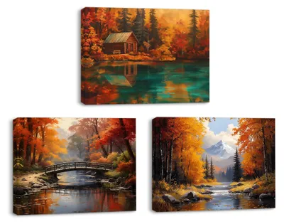 Produktbild von Omgoods – Leinwandbilder, Herbstlandschaft, 3-teiliges Set