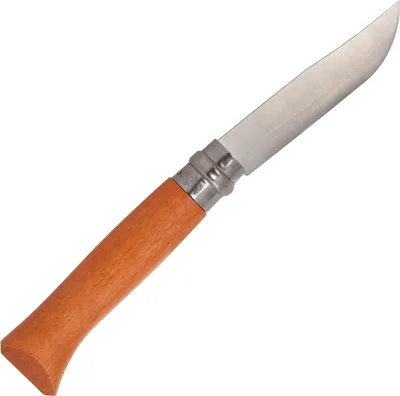 A single Opinel folding knife with a wooden handle and a silver blade is shown against a white background.