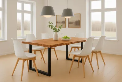 Produktbild von Essgruppe 7tlg. 180 x 90 cm Baumkante Akazie natur massiv 6x Schalenstühle Weiß U-Gestell Schwarz QUINN
