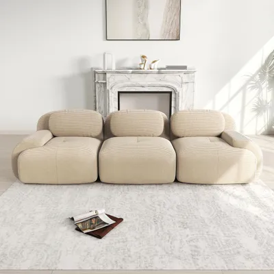 Produktbild von Sweiko 3-Sitzer-Sofa aus Premium-Cordstoff, modular kombinierbar, rutschfest, ohne Montage, ergonomische Armlehnen und hochelastische Polsterung für Wohnzimmer und Schlafzimmer, Beige