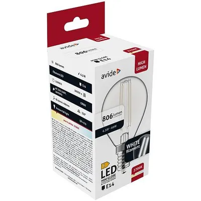 Zdjęcie produktu dla Avide AWLFMG14WW-6.5W, 6,5 W, 60 W, E14, 806 lm, 15000 h, Ciepłe białe
