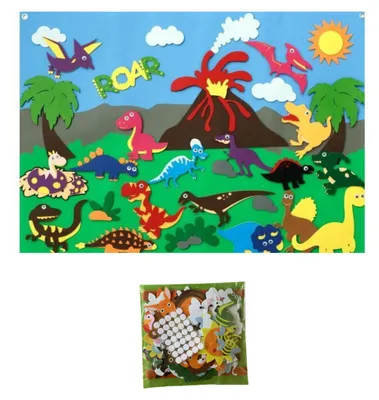 Dinosaurier-Filztafel mit verschiedenen bunten Dinosaurier-Ausschnitten, einem Vulkan, Palmen und dem Wort ROAR, mit einer separaten Tüte mit Tier-Filzausschnitten darunter