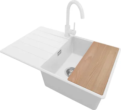 Produktbild von PRIMAGRAN Granitspüle Weiß 78x50cm, Spülbecken 1 Becken + Küchenarmatur 32x20cm + Ablauf-Set + Schneidebrett, Küchenspüle ab 50er Unterschrank - Kopenhagen