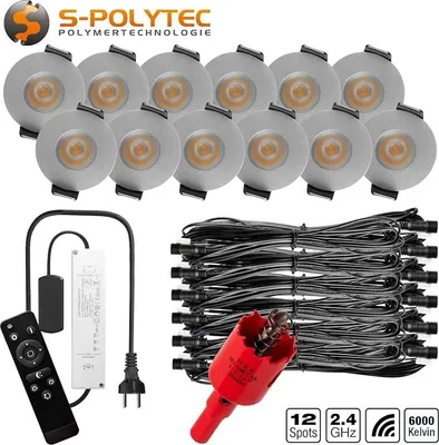 Produktbild von S-Polylight PREMIUM Mini LED- Einbauspots Kaltweiß 6.000K, DIMMBAR, IP65, FUNK 3W LED Einbaustrahler Terrassenüberdachung, Terrassenbeleuchtung, Bad, Sauna, LED Spots mit Fernbedienung (SILBER, 12x LED-SET)