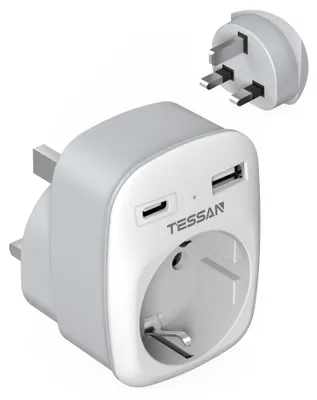 Produktbild von TESSAN Adapter England Deutschland Stecker, 3 in 1 Steckdosenadapter England mit USB C und USB A, 3250W UK Adapter, Reiseadapter UK, Reisestecker für Irland Malta Schottland, Reiseadapter Typ G