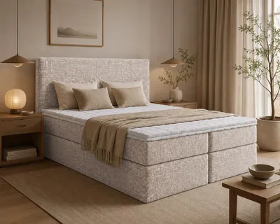 Produktbild von Doppelbett TOCCA Bett mit Chenille-Bezug Boxspringbett mit Bonellfederkernmatratze und Bettkasten (180x200, Beige - Tocco 03, topper T25)