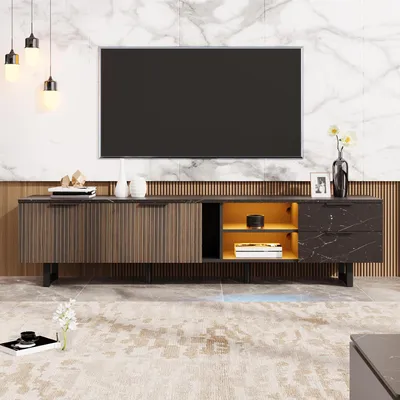 Produktbild von MODFU TV-Schrank Lowboard mit schwarzer Marmoroptik für 90-Zoll-TV, Fernsehtisch Wohnzimmerschränke mit verstellbarer LED-Beleuchtung, zwei Türen und zwei Schubladen für Wohnzimmer, Esszimmer,schwarze