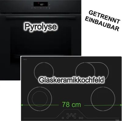 Produktbild von Herdset BOSCH Backofen Pyrolyse 3D Heissluft Schwarz + Glaskeramik Zweikreiszone Bräterzone rahmenlos autark h|tech