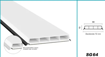 Produktbild von HEXIM Fenstersprossen weiß 1 & 2 Meter - selbstklebende Glassprossen aus PVC Kunststoff, Dichtungslippen(steil & ausgestellt) in grau und schwarz - HJ SG64(2000x64x13mm, graue Lippe)